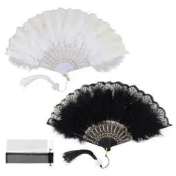 Produktbild: WJUAN 2 Stück Fächer, Fächer Vintage, Faltbar, Klassisches Schwarz und Weiß, Handfacher, Kunststoffbandfeder, Elegantes Quasten-Design, Geeignet für Hochzeiten, Bankette, Tänze