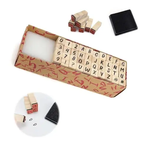 Produktbild: WJUAN 40 Stück Buchstaben-Stempel, Holzfarbe, Stempel Alphabet, Enthält 26 Buchstaben, Verschiedene Musterlogos, Stempelset Buchstaben, Geeignet für Kartengestaltung, Basteln, Buchstaben