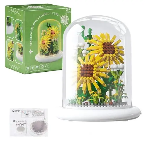 Produktbild: WJUAN Bausteine Blumen, Klemmbausteine Pflanzen Sonnenblume, Kunstpflanzen Bausteine für Erwachsene, mit Staubdichte Kuppel und Licht Sockel, Geeignet Hausdeko, Festival Geschenk (135 x 115 mm)