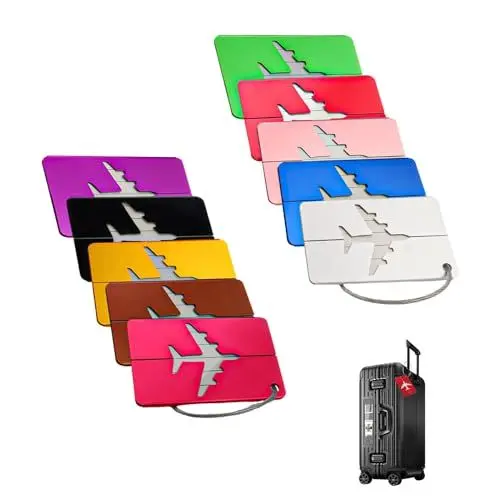 Produktbild: WJUAN 10 Stück Gepäckanhänger, Koffer Beschriftung, Koffer Namensschild Aluminium, mit Edelstahldraht Schlaufe, Prevent Loss, für Gepäck, Taschen (75 x 44 mm)