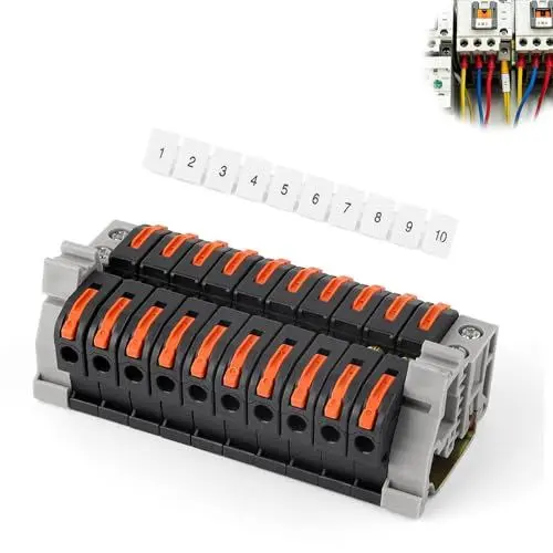 Produktbild: WJUAN Klemmblock 10 Stück, Mit 10cm Führungsschiene, Schwarz, Reihenklemme, Verdrahtungsbereich 0,5–2,5 mm², Durchgangsklemme, zur Verkabelung und Schaltungsumwandlung