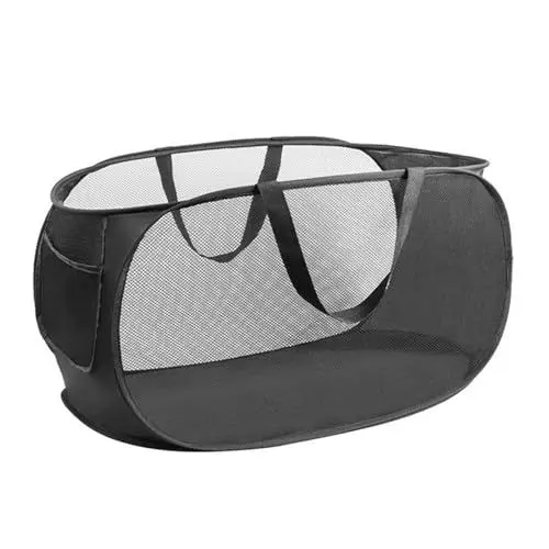 Produktbild: WJUAN Mesh Wäschekorb Klappbar, Polyester Pop Up Wäschekorb, Faltbarer Schwarzer Laundry Basket, mit Griffen und Aufbewahrungstasche, Geeignet für Zuhause, Wäscherei, Hotel