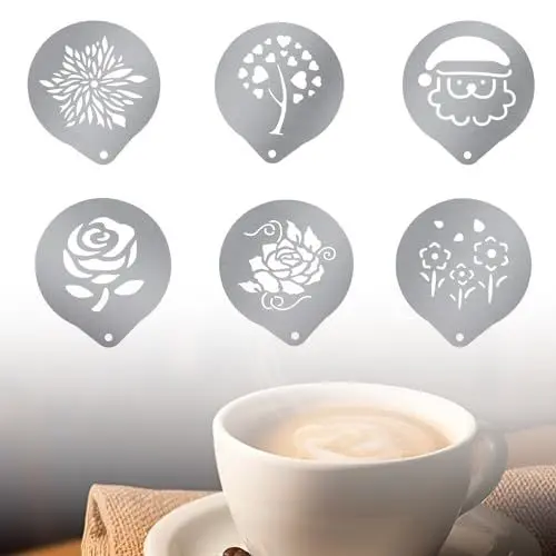 Produktbild: WJUAN Schablonen für Cappuccino 6 Stück, Edelstahl Schablonen für Kaffee, DIY-Formen, Hochglanzpoliertes Design, Kaffee Deko Schablonen, Geeignet für Kunstdekoration, Kaffeevorlage