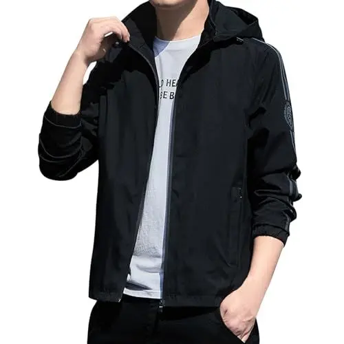 Produktbild: WKAYsIV Blouson Herren Schwarz mit Kapuze und winddichtem Reißverschluss für Herren, lässige Sportjacke mit lockerer Passform für Herren Oliv Herren (Black, XL)