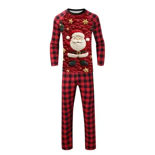 Produktbild: WKAYsIV Familien Pyjama Set Weihnachten Familien Weihnachtspyjama für Papa, Pyjama-Set, Bedruckte Heimkleidung, langärmeliges Oberteil und Hose, zweiteiliges Set Jumpsuit Damen(C-Rot,XL)