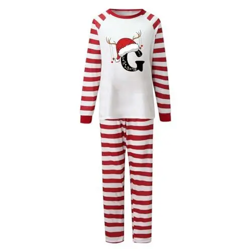 Produktbild: WKAYsIV Familien Pyjama Weihnachten Herrenschlafanzug L Eltern-Kind-Set mit roten Streifen und 26 Buchstaben Jumpsuit Kinder Schlafanzug Jungen(Rot-A,L)