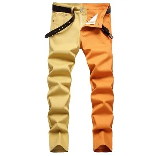Produktbild: WKAYsIV Fitness Hosen Herren Slim Fit Small Foot Patchwork Zweifarbige Herrenmode-Trend-Jeans in Farben Design Hosen Herren(Orange XXL)