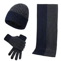 Produktbild: WKAYsIV Gehrock Herren Winter Warme Wollmütze Schal Handschuhe Slouchy DREI Stücke Winter Schnee Strickmütze Schirm Fäustlinge Schals Sets Schal Damen Blau (Grey, One Size)