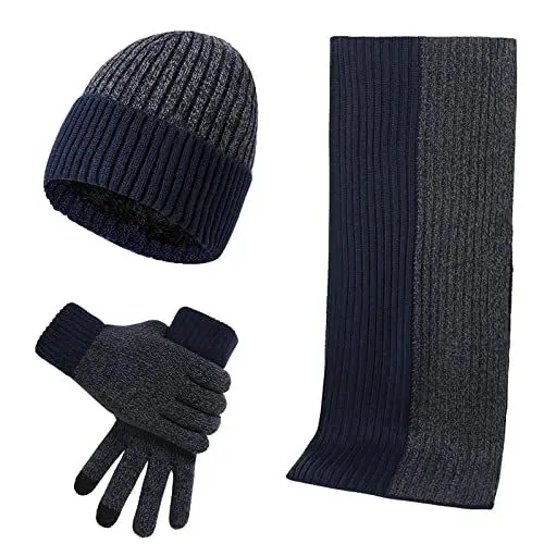 Produktbild: WKAYsIV Gehrock Herren Winter Warme Wollmütze Schal Handschuhe Slouchy DREI Stücke Winter Schnee Strickmütze Schirm Fäustlinge Schals Sets Schal Damen Blau (Grey, One Size)