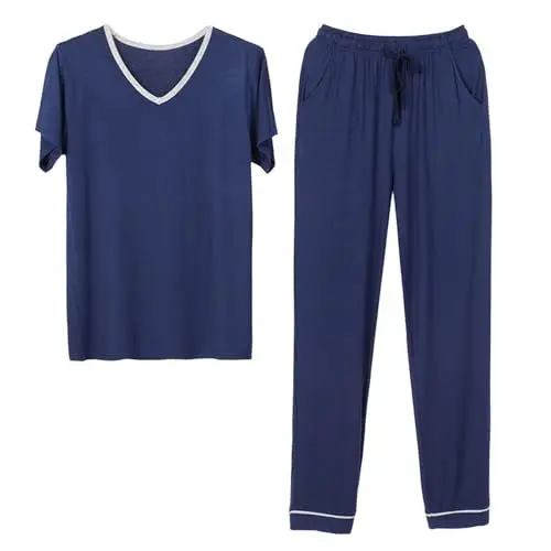 Produktbild: WKAYsIV Herren Bademantel Saunamantel Ärmeln und Hose und V-Ausschnitt, dünn, kann außerhalb des lässigen Stils der Homewear getragen Werden Schlafanzug Bio (NY, XXL)