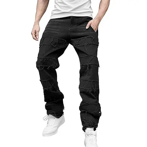 Produktbild: WKAYsIV Herren Hosen jagdhose Kaputte Herren Hose Tube Retro Hip Hose Street Jeans Hose von Qualität Sommer Hose Herren Langgröße(Schwarz,L)