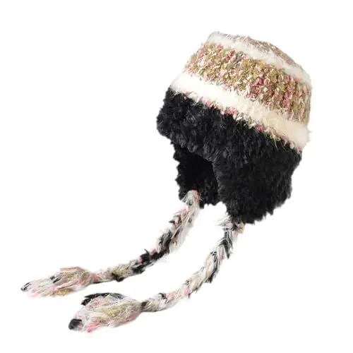 Produktbild: WKAYsIV Herrenmütze Mit Ohrenklappen weiche, lässige, gestreifte Strickmütze, Trendige, warme, gehäkelte, geflochtene Strickmütze Lustige Mützen (Black, One Size)