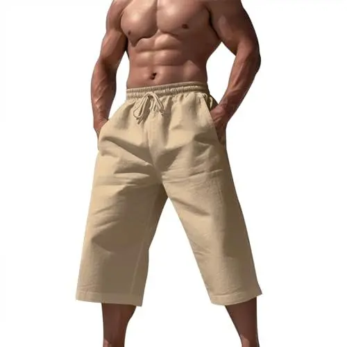 Produktbild: WKAYsIV Hose Herren männer Hosen Sommerhose Shorts Herren Hose Casual Alle Einfarbig Baumwolle Leinen Lose Hosen Mode Taschen Hose Sportsachen Fitness Herren(Khaki,M)