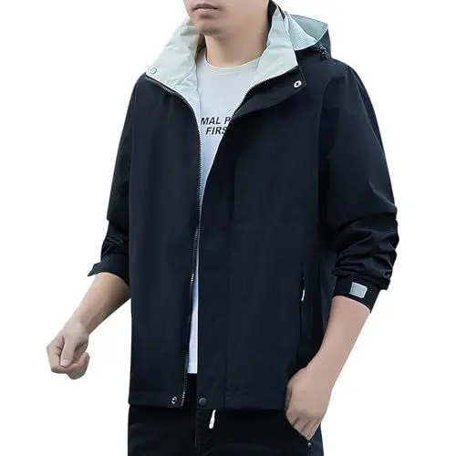 Produktbild: WKAYsIV Luxus Herren Jacken Kapuzenjacke mit winddichtem Reißverschluss und lockerer Jacke für den Freizeitsport Denim Herren Mantel (Black, M)