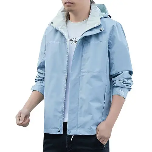 Produktbild: WKAYsIV Luxus Herren Jacken Kapuzenjacke mit winddichtem Reißverschluss und lockerer Jacke für den Freizeitsport Denim Herren Mantel (Light Blue, XL)