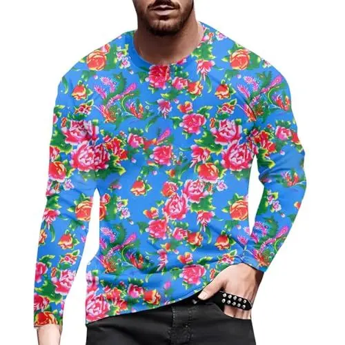 Produktbild: WKAYsIV Mit Herren Frühlings- -großes Blumen-All-Print-Langarm-Rundhals-T-Shirt mit floralem Modetrend-Bottom-Shirt Schwarze Tank Tops Herren(Himmelblau,M)