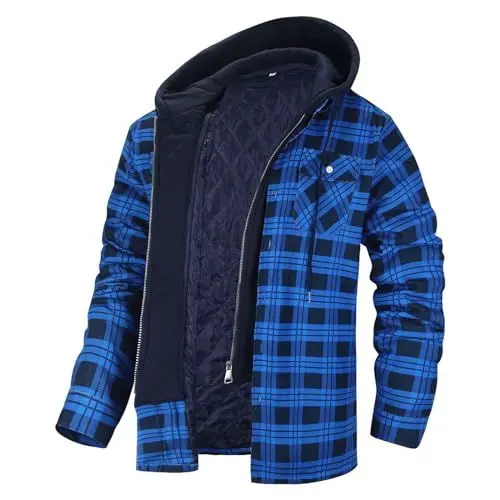 Produktbild: WKAYsIV Oliv Herren Plaid Classic Casual Kapuzenmäntel Herren Winterparka Gefüttert (Blue, L)