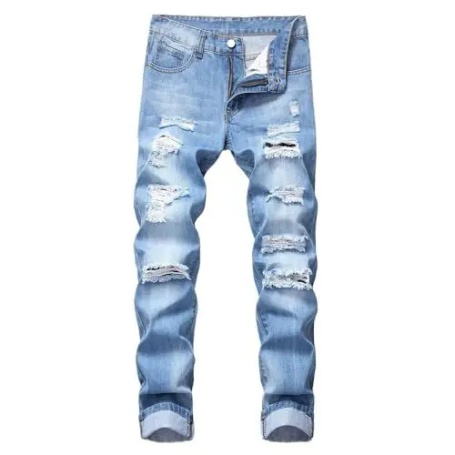 Produktbild: WKAYsIV Outdoor Hosen Herren Slim Fit Zerrissene Distressed Gerades Bein Denim Hose Stretch Motorrad Jeans Hose Band Hosen Herren(Blau 28)