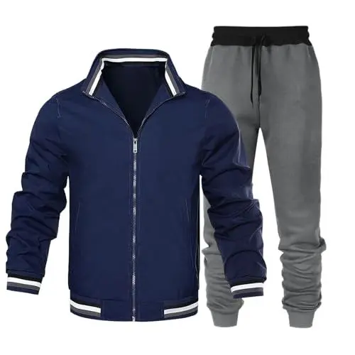 Produktbild: WKAYsIV Set Schwarz mit Farbblockierung, dunkelgraue Jogginghose, lässiger Business-Sporttrend, lockeres und bequemes zweiteiliges Set Ski Anzug Kinder (Navy, S)