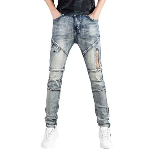 Produktbild: WKAYsIV Unisex-Schnelltrocknend-Freizeithose Hose Büro Herren Patchwork-Motorrad, schmale Passform, Retro-Wlastic-Jeans mit kleinem Bein Stretch Herren Hosen(Hellblau,M)