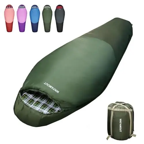 Produktbild: WKFAMOUT Mumienschlafsack Outdoor -12℃-0℃ (500GSM) Schlafsack Flanell 3-4 Jahreszeiten Tragbar Winter Maschinenwaschbarer Schlafsäcke für Erwachsene Kinder Camping Reisen 170x70CM Olive
