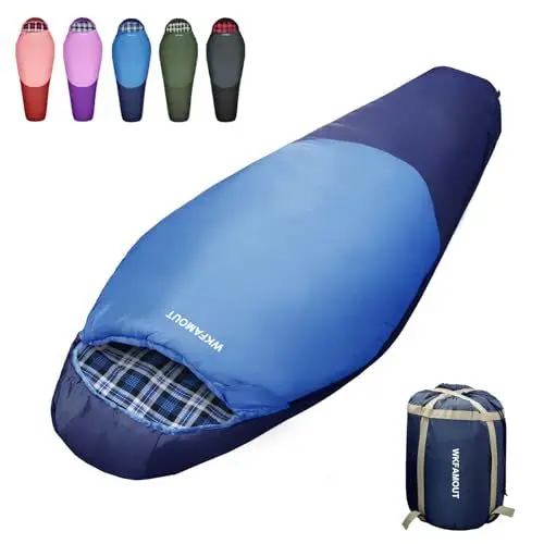 Produktbild: WKFAMOUT Mumienschlafsack Outdoor -12℃-0℃ (500GSM) Schlafsack Flanell 3-4 Jahreszeiten Tragbar Winter Maschinenwaschbarer Schlafsäcke für Erwachsene Kinder Camping Reisen 170x70CM Blau