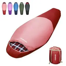 Produktbild: WKFAMOUT Mumienschlafsack Outdoor -12℃-0℃ (500GSM) Schlafsack Flanell 3-4 Jahreszeiten Tragbar Winter Maschinenwaschbarer Schlafsäcke für Erwachsene Kinder Camping Reisen 170x70CM Rot