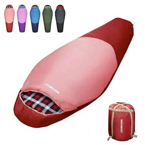 Produktbild: WKFAMOUT Mumienschlafsack Outdoor -12℃-0℃ (500GSM) Schlafsack Flanell 3-4 Jahreszeiten Tragbar Winter Maschinenwaschbarer Schlafsäcke für Erwachsene Kinder Camping Reisen 170x70CM Rot