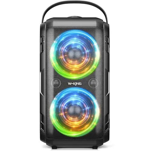 Produktbild: W-KING 180W PEAK Bluetooth Lautsprecher Box Groß, 80W Kabelloser Musikbox Bluetooth Party Boombox Box mit Tiefer Bass-Röhren/4 Treiber/2 Subwoofer, Riesig 105dB Sound/IPX5/Lichter/24H/U-Disk/TF/AUX/EQ