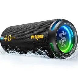Produktbild: W-KING Bluetooth Lautsprecher Box, IP67 Musikbox Outdoor Tragbarer, Angepasster EQ-App/Diefer Bass, 360° Sound mit V5.3/Lichter/DSP/TF/AUX, 40W Party Dusch Klein Boom Box
