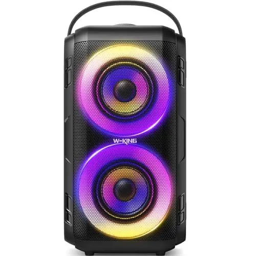 Produktbild: W-KING Bluetooth Lautsprecher mit 2 Vollfrequenztreiber– Superbass, Bluetooth Box Musikbox Party Lautsprecher mit 80 W und LED-Beleuchtung, 105dB-Sound, IPX5, 24 Stunden, U-Disk, TF-Karte, AUX, EQ
