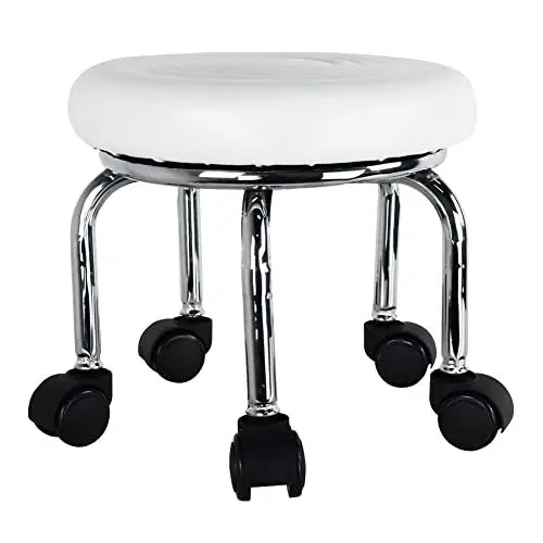 Produktbild: WKWKER Moderner Kleiner Rollhocker PU Leder Rollsitz 360 ° Drehbare niedrige runde Hocker mit Universal Rollen für Home Massage Garten Büro Garage Shop Fitness Sport, H: 30.5cm (Weiß)