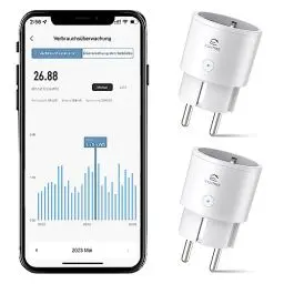 Produktbild: WLAN Smart Steckdose mit Strommessung, Mini Steckdose 2er Pack, Smart Home WiFi Steckdose, Alexa Zubehör, Zeitplan, Fernzugriff, Funktioniert mit Alexa, Google Home, SmartThings, Nur 2,4-G-WLAN, 10A