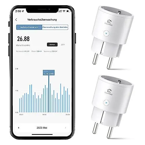 Produktbild: WLAN Smart Steckdose mit Strommessung, Mini Steckdose 2er Pack, Smart Home WiFi Steckdose, Alexa Zubehör, Zeitplan, Fernzugriff, Funktioniert mit Alexa, Google Home, SmartThings, Nur 2,4-G-WLAN, 10A
