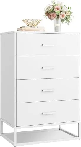 Produktbild: WLIVE Holz kommode für Schlafzimmer mit 4 Schubladen, Nachttisch, Kommode, hohe Kommode mit Schubladen und stabilem Metallrahmen für Flur, Wohnzimmer, Schrank, weiß