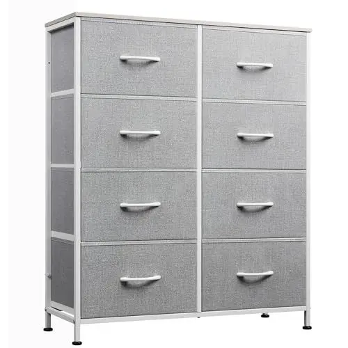 Produktbild: WLIVE Kommode mit 8 Schubladen aus Stoff, Kommodenschrank für Schlafzimmer, Kommode Wohnzimmer, mit Stabiler Stahlrahmen, Holzplatte, Hellgrau