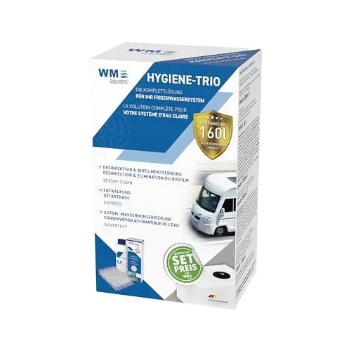 Produktbild: Hygiene-Trio HGT-120 | Wasserhygiene Komplett-Set für Tanks bis 160L | Reinigung, Entkalkung, Desinfektion & autom. Wasserkonservierung | für Caravan, Wohnmobil & Boot | Made in Germany