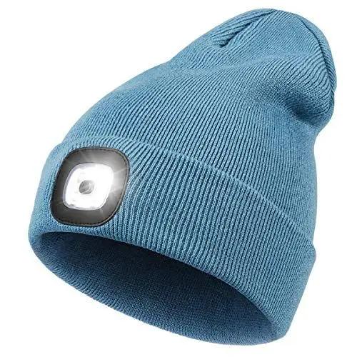 Produktbild: Wmcaps Mütze mit Led Licht, Wiederaufladbare USB Freisprech Stirnlampe Strickmütze Wintermütze Warme Mütze Kappe Scheinwerferkappe zum Camping Joggen Geschenke für Männer Frauen, Blau