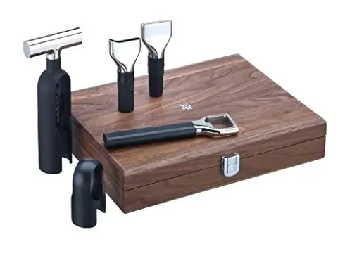 Produktbild: WMF Baric Wein Sommelier Set 5-teilig, Wein Zubehör, Korkenzieher, Folienschneider, Flaschenverschluss, Weinausgießer, Flaschenöffner, in Walnussholzbox, schwarz