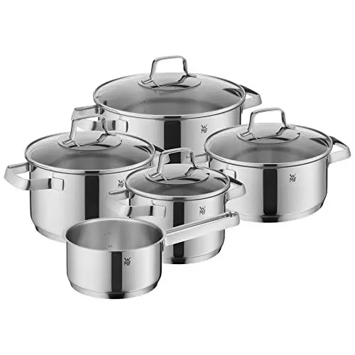 Produktbild: WMF Belmonte Topfset Induktion 5-teilig, Kochtopf Set mit Glasdeckel, Cromargan Edelstahl poliert, Töpfe Set unbeschichtet, silber, ohne Innenskalierung, für alle Herdarten geeignet, tropffrei