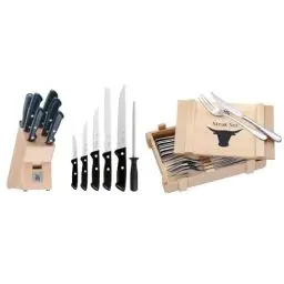 Produktbild: WMF Classic Line Messerblock mit Messerset 7-teilig & Steakbesteck 12-teilig, Steakbesteck Set für 6 Personen, Steakmesser Set, Steakgabel, Cromargan Edelstahl poliert, Grillbesteck in Holzkiste