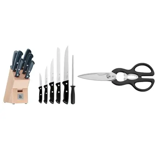 Produktbild: WMF Classic Line Messerblock mit Messerset, 7-teilig, bestückt, 5 Messer, 1 Wetzstahl, 1 Block & WMF Küchenschere 21 cm, Haushaltsschere mit Sägeschliff, Edelstahl, Kunststoffgriff, Universal-Schere