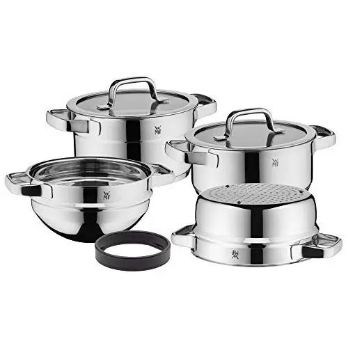 Produktbild: WMF Compact Cuisine Topfset Induktion 4-teilig, Kochtopf Set mit Glasdeckel, Cromargan Edelstahl poliert, Töpfe Set unbeschichtet, Innenskalierung