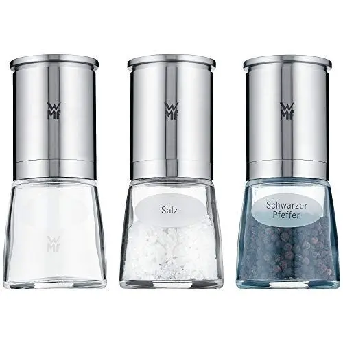 Produktbild: WMF De Luxe Salz und Pfeffermühle Set 3-teilig, befüllt, Cromargan Edelstahl matt, Glas, Keramikmahlwerk, Grinder für Salz, Pfeffer, Chillischoten