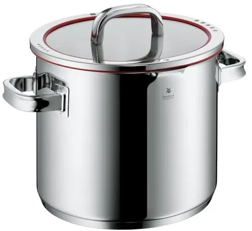 Produktbild: WMF Function 4 Gemüse- Suppentopf Induktion 24cm, Glasdeckel, Kochtopf groß 8,8l, Cromargan Edelstahl poliert, 4 Abgießfunktionen, Innenskalierung, rot