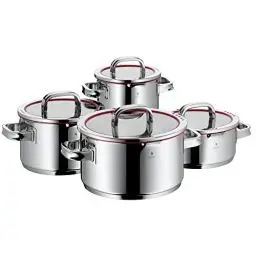 Produktbild: WMF Function 4 Topfset Induktion 4-teilig, Cromargan Edelstahl poliert, Glasdeckel mit 4 Abgießfunktionen, Induktionstöpfe, Innenskalierung