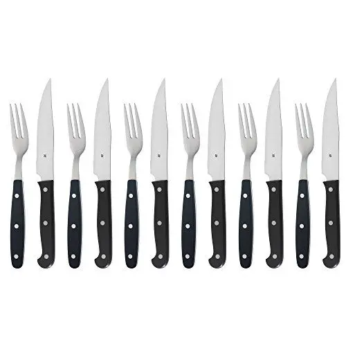 Produktbild: WMF Kanas Steakbesteck 12-teilig, Steakbesteck für 6 Personen, Steakmesser und Steakgabel, Spezialklingenstahl mit Wellenschliff, Kunststoffgriff, Grillbesteck in Holzkiste