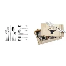 Produktbild: WMF Merit Besteck Set 12 Personen, 66 teilig & Steakbesteck 12-teilig, Steakbesteck Set für 6 Personen, Steakmesser, Steakgabel, Cromargan Edelstahl poliert, Grillbesteck in Holzkiste