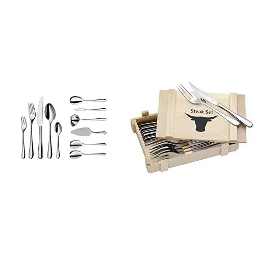 Produktbild: WMF Merit Besteck Set 12 Personen, 66 teilig & Steakbesteck 12-teilig, Steakbesteck Set für 6 Personen, Steakmesser, Steakgabel, Cromargan Edelstahl poliert, Grillbesteck in Holzkiste