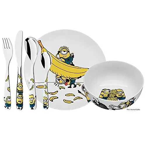 Produktbild: WMF Minions Kinder Geschirrset 6-teilig, Kindergeschirr mit Kinderbesteck Edelstahl, ab 3 Jahre, Cromargan poliert, spülmaschinengeeignet